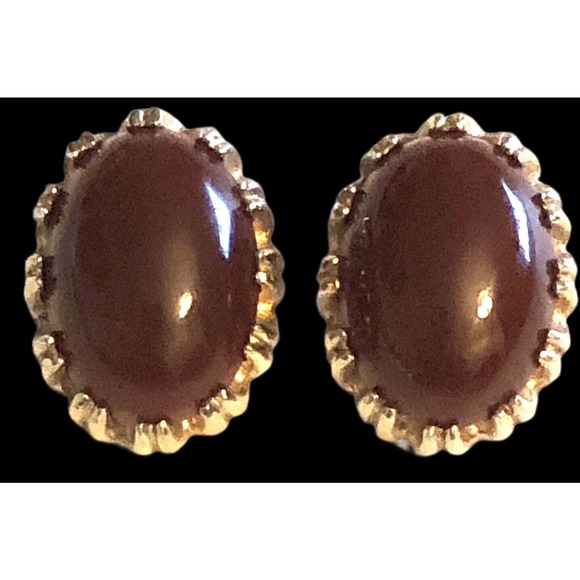 Reja Glass Domed Carnelian Cabochon Gold Plated Signed Clip On Earrings - Picture 5 of 10